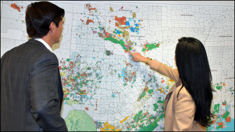 image of seismic data marketer pointing to map of 3D seismic surveys